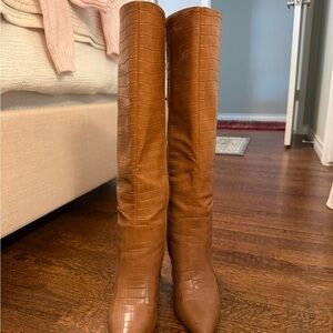 Brown Croc-Embossed Knee-High Boots